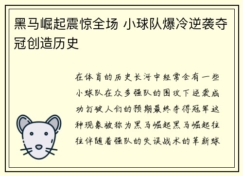 黑马崛起震惊全场 小球队爆冷逆袭夺冠创造历史